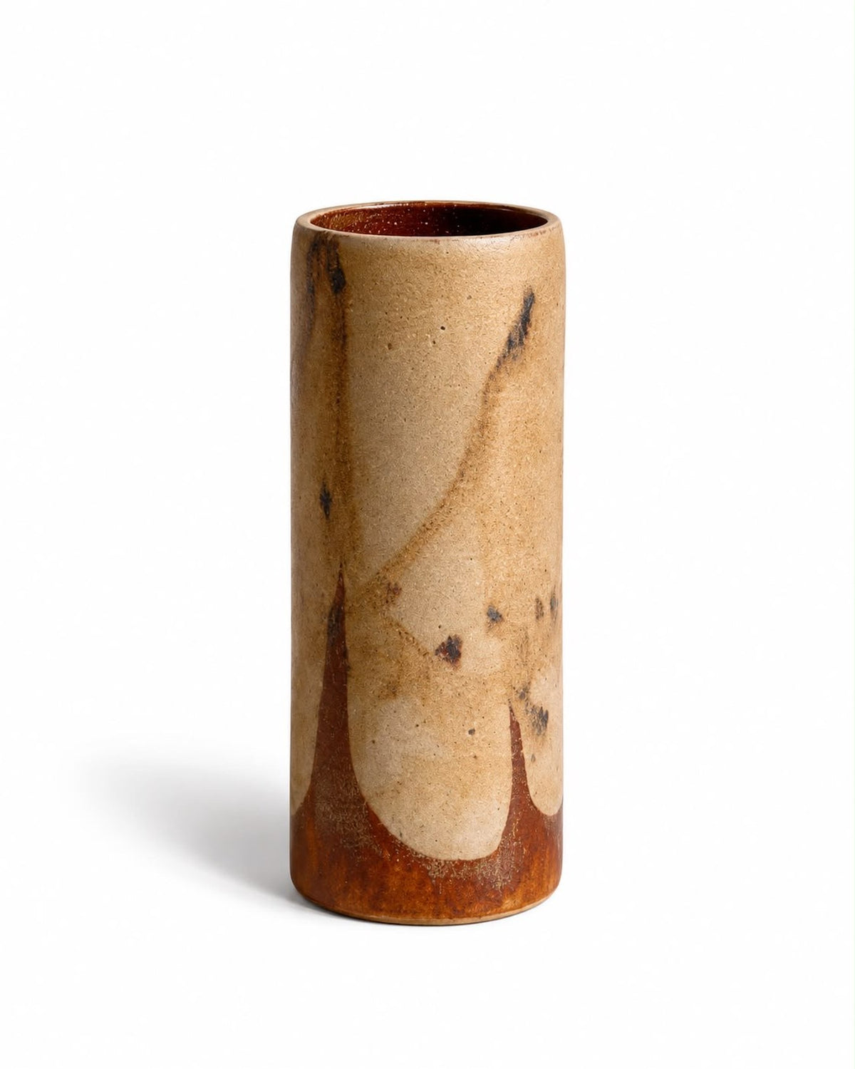 Muse handmade Belgian ceramic vessel in textured sand and rust glaze, front view
