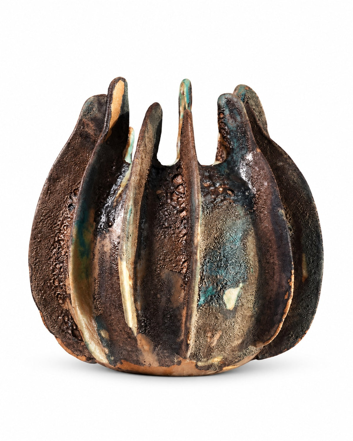 Clutch handmade Polish stoneware vessel with claw-like petals in bronze, brown and teal glaze, front view